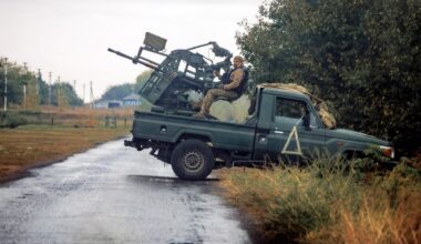 A Ukrainian soldier mans the 'MR-2 Viktor' dual 14.5mm machine gun anti-aircraft system on September 11, 2024, in Sudzha, Kursk, Russia.