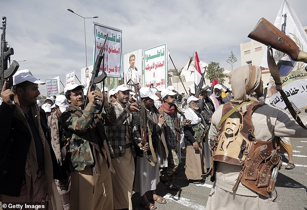 Yemeni tribesmen belonging to the Houthi movement participate in a popular parade and rally held to support Palestinians and against the US-UK aerial attacks on Yemen, on February 7