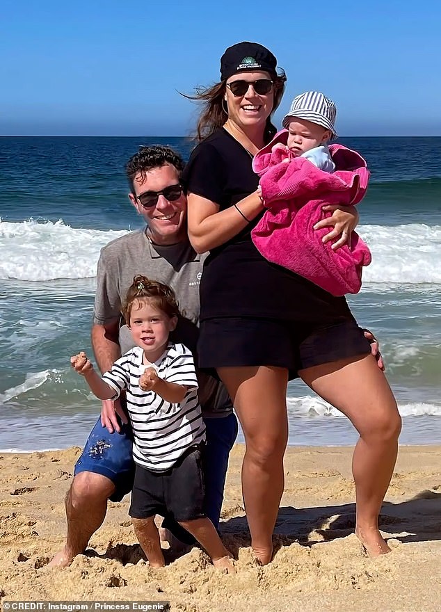 Princess Eugenie, her husband Jack Brooksbank and children on a sandy shore