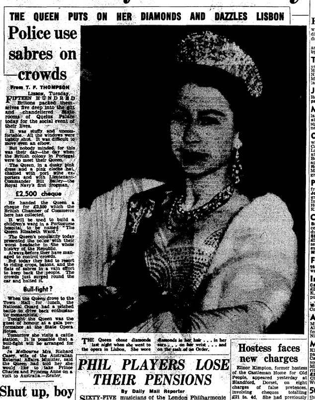 A newspaper clipping from the Daily Mail on February 20, 1957 covering the Queen's visit