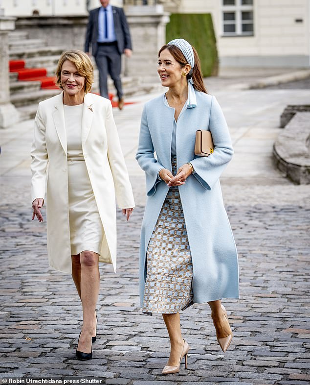 Mary donned a blue and beige chequered Emilia Wickstead Ariceli Skirt, which retails for £970