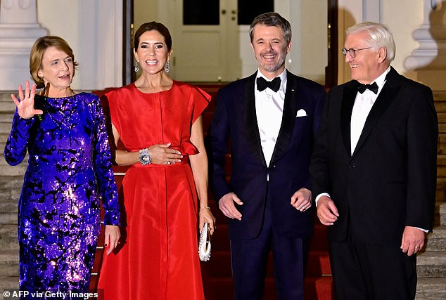 King Frederik and Queen Mary of Denmark (centre) were also in attendance, as they took their place with heads of state from Sweden, Norway, Germany, Iceland, and Finland at the gala dinner to mark the milestone anniversary of the Nordic Embassy Complex in Berlin