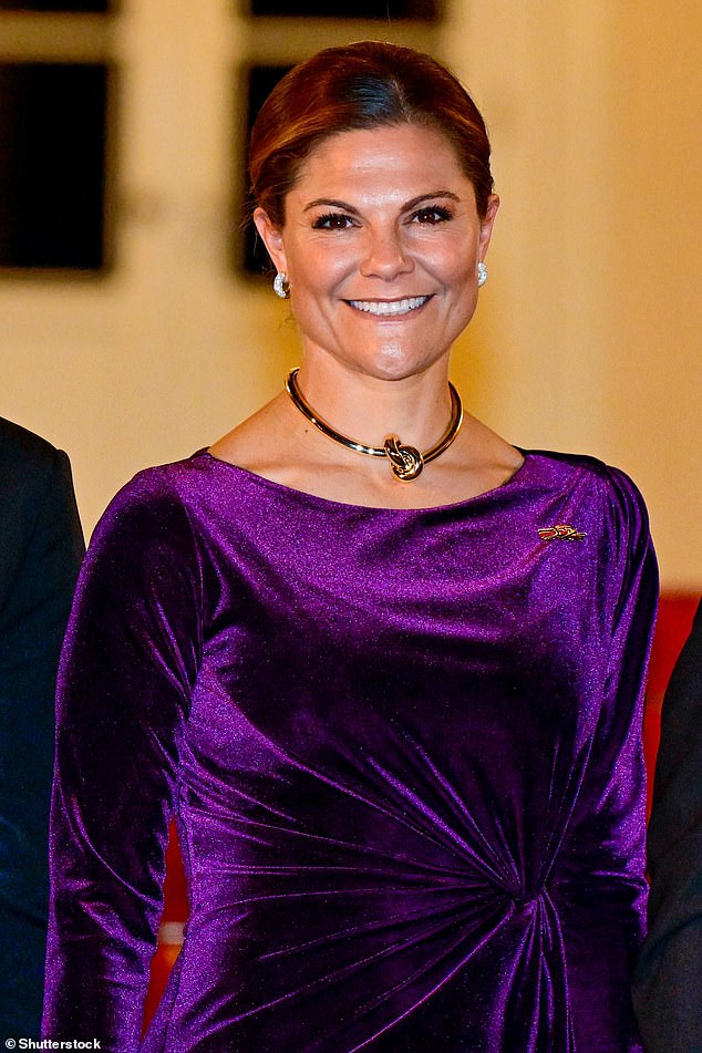 Victoria, Crown Princess of Sweden, opted for a shimmering, purple, floor-length number with a wide-neck detail that turned the focus on her elegant, knotted gold necklace