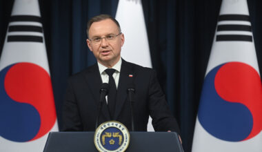 Polish President Andrzej Duda speaks during a joint press conference with President Yoon Suk Yeol, not pictured, at the Presidential Office in Seoul, South Korea, on Oct. 24. [EPA/YONHAP]