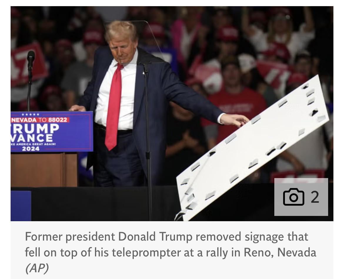 “Isn’t it nice to have a guy that doesn’t need a teleprompter”, Trump asked supporters moments after fixing his teleprompter.