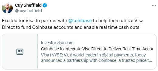 Coinbase and Visa Team Up for Instant Crypto Debit Card Use