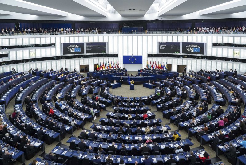 Commission President Ursula von der Leyen delivers a State of the Union address at the start of the European Parliament plenary session. in Strasbourg, eastern France on Sept. 14, 2022. The body approved a loan to Ukraine on Tuesdau. File Photo by European Union/ EP/UPI