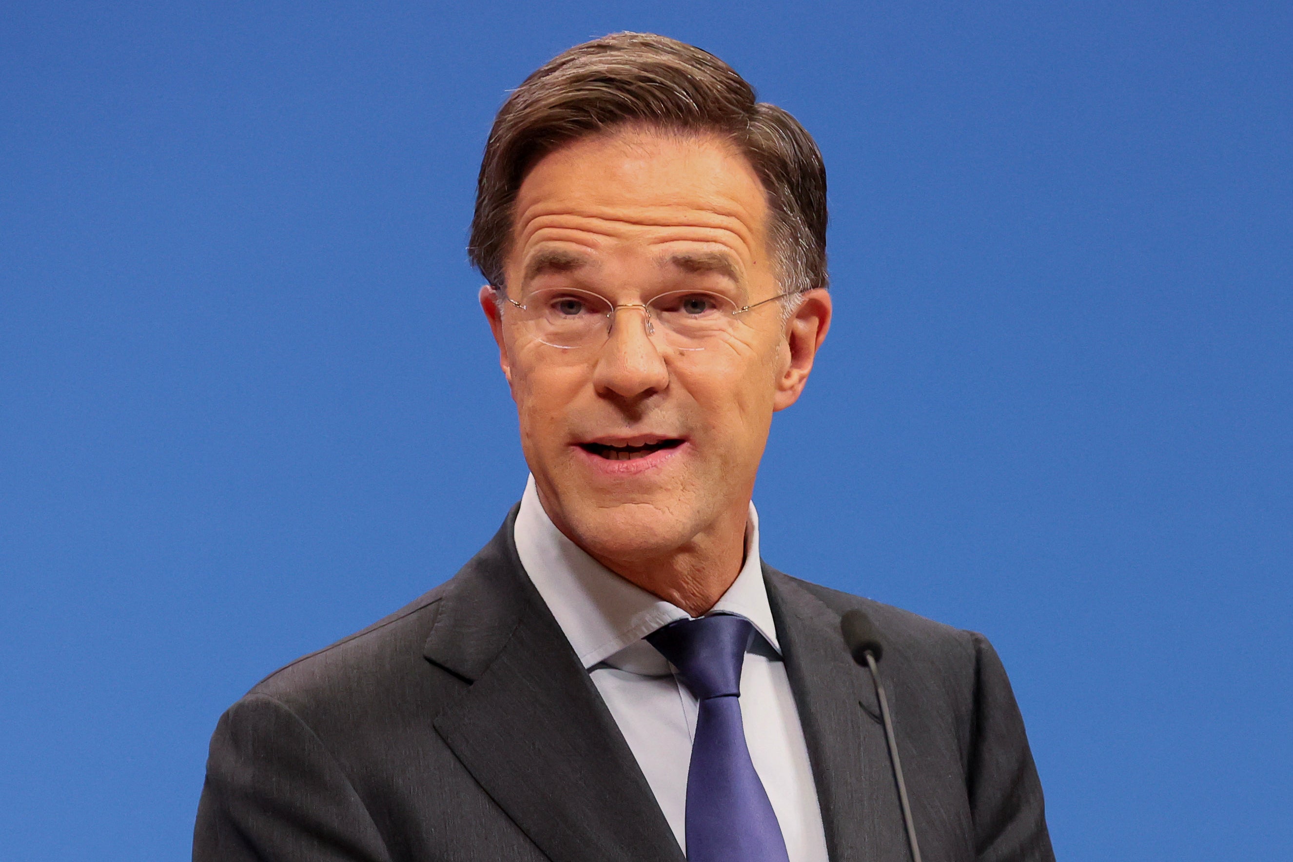 Nato secretary general Mark Rutte adresses a press conference in Brussels