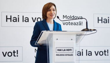 Moldovan President Maia Sandu gives a press conference on October 21, 2024 in Chisinau, Moldova. (Photo by Pierre Crom/Getty Images)