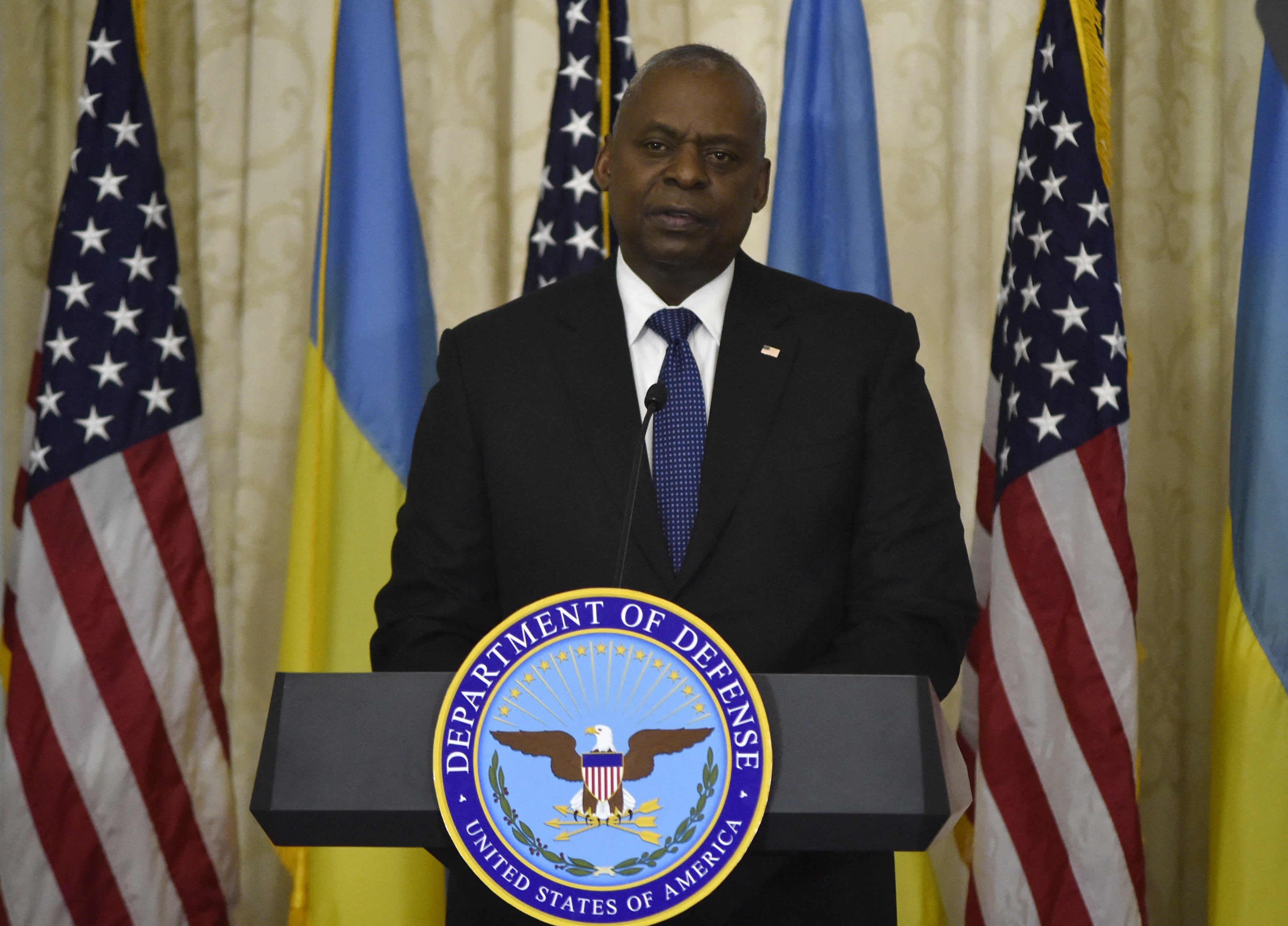 US Secretary of Defense Lloyd Austin speaking following Ukraine visit