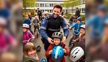 A smiling police officer helps children wearing helmets in a schoolyard. The children are on bicycles and scooters, surrounded by greenery and a parked school bus. Everyone appears happy and engaged in an outdoor safety activity.