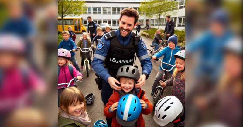 A smiling police officer helps children wearing helmets in a schoolyard. The children are on bicycles and scooters, surrounded by greenery and a parked school bus. Everyone appears happy and engaged in an outdoor safety activity.