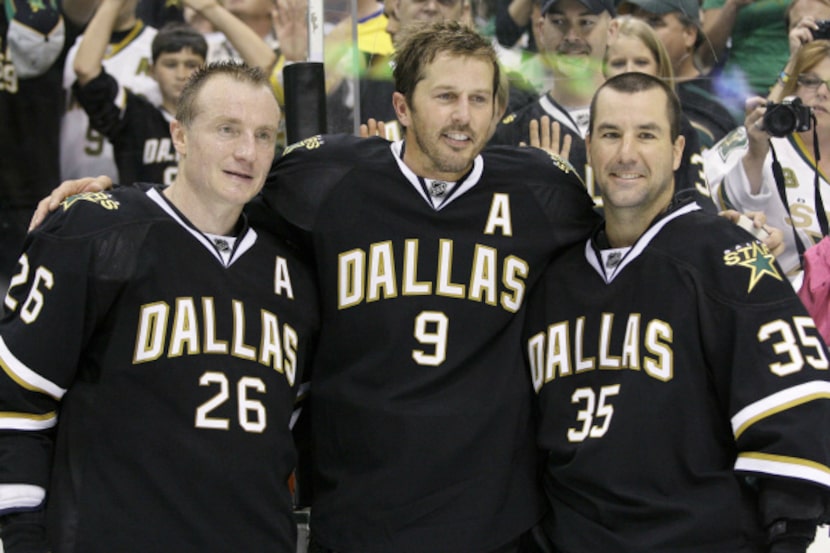 In this photo taken April 8, 2010, Dallas Stars' Jere Lehtinen (26) of Finland, Mike Modano...