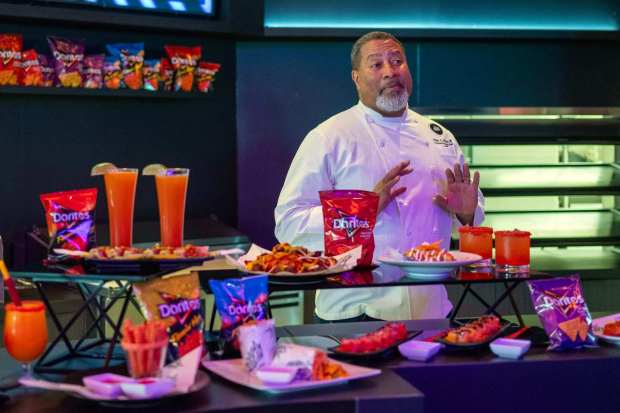 Frito-Lay Chef Wiley Bates talks about the offerings at the new Doritos After Dark restaurant in Crypto.com Arena on Wednesday, Oct. 23, 2024. (Photo by Hans Gutknecht, Los Angeles Daily News/SCNG)