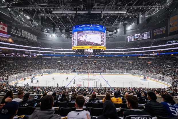 The center-hung scoreboard from Daktronics is on display during the LA Kings match against the San Jose Sharks on Thursday, Oct. 24, at Crypto.com Arena in Los Angeles. (Photo courtesy of Crypto.com Arena)