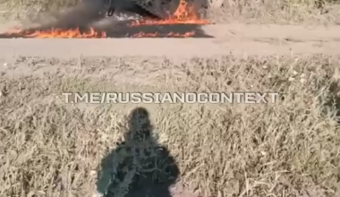 A Russian soldier films his burning tank after being destroyed by Ukrainian forces. Date and location unknown.