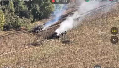 Second Ukrainian tank sends a shell straight through the disabled Russian BTR-82