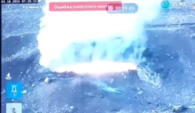 Drone footage shows a Ukrainian FPV drone operator flying his thermite quadrocopter UAV into a Russian bunker. Published 03.10.2024. Location not stated.