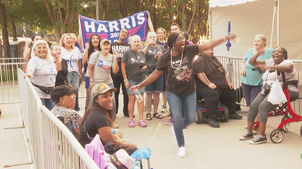 Attendees first in line at the Harris rally in Houston, some waiting since midnight to see the...