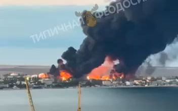 The Russian controlled oil depot in Feodosia is still burning, 4 days after it was hit by Ukrainian drones. Crimea - October 2024