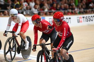 Picture by Simon Wilkinson/SWpix.com - 19/10/2024 - Cycling - Tissot UCI 2024 Track World Championships Ballerup - Copenhagen, Denmark - Ballerup Super Arena - Women's 500m Time Trial, Final - Amalie Dideriksen (Denmark) and Julie Leth (Denmark) performing a handsling