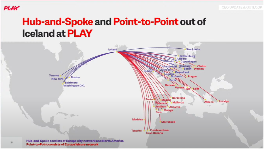 PLAY's route map, showing the markets it expects to see trimmed in the year ahead.