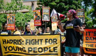 Activists from the youth-led Sunrise Movement rally outside the Democratic National Committee’s office to urge Kamala Harris to make bold climate policy central to her campaign on July 29. Credit: Rachael Warriner/Sunrise Movement