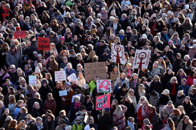 People across Iceland gather during the women's strike in Reykjavik, Iceland