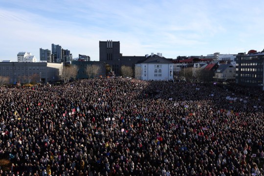 People across Iceland gather during the women's strike in Reykjavik, Iceland