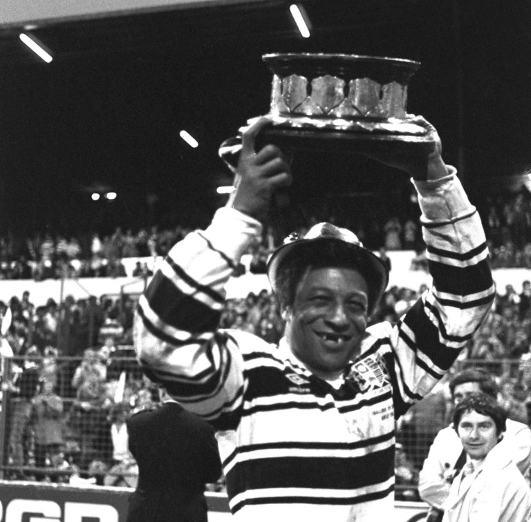 Clive Sullivan holding the Rugby League Challenge Cup after defeating Widnes in the replay at Elland Road, Leeds