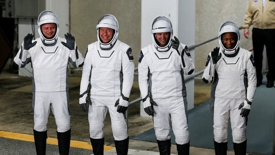 NASA's SpaceX Crew-8 astronauts Matthew Dominick, Michael Barratt, and Jeanette Epps, and Roscosmos cosmonaut Alexander Grebenkin, depart their crew quarters for the launch pad before their mission to the International Space Station, aboard a SpaceX Falcon 9 rocket from the Kennedy Space Center in Cape Canaveral, Florida, U.S., March 3, 2024.(REUTERS)