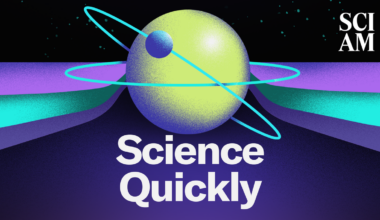 A small blue sphere orbits a larger blue sphere on a purple and blue background, with "Science Quickly" written below.