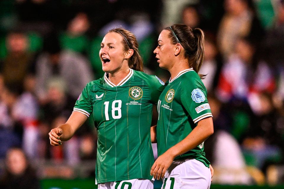 Kyra Carusa of Republic of Ireland, left, celebrates with teammate Katie McCabe after scoring their side's second goal