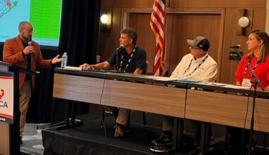 Elliot Townsend, director of environmental compliance services at Raba Kistner (far left), moderated a panel on new air quality standards at the Texas Aggregates & Concrete Association (TACA) Environmental, Sustainability & Safety Seminar. Taking part in the panel were Shawn Haven, senior project manager at EnSafe (second from left); Douglas Wolf, director of air quality services at Groundwater & Environmental Services (third from left); and Melissa Fitts, senior vice president of permitting and compliance at Westward Environmental. Photo: TACA