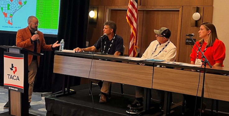 Elliot Townsend, director of environmental compliance services at Raba Kistner (far left), moderated a panel on new air quality standards at the Texas Aggregates & Concrete Association (TACA) Environmental, Sustainability & Safety Seminar. Taking part in the panel were Shawn Haven, senior project manager at EnSafe (second from left); Douglas Wolf, director of air quality services at Groundwater & Environmental Services (third from left); and Melissa Fitts, senior vice president of permitting and compliance at Westward Environmental. Photo: TACA