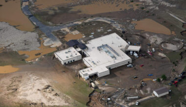 An aerial view of a flood-damaged hospital in the aftermath of Hurricane Helene, Saturday, Sept. 28, 2024, in Erwin, Tenn. (George Walker IV/AP)