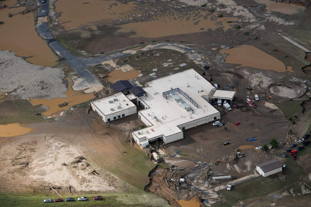 An aerial view of a flood-damaged hospital in the aftermath of Hurricane Helene, Saturday, Sept. 28, 2024, in Erwin, Tenn. (George Walker IV/AP)