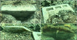 Underwater photos of altars and inscribed marble slabs in the ocean