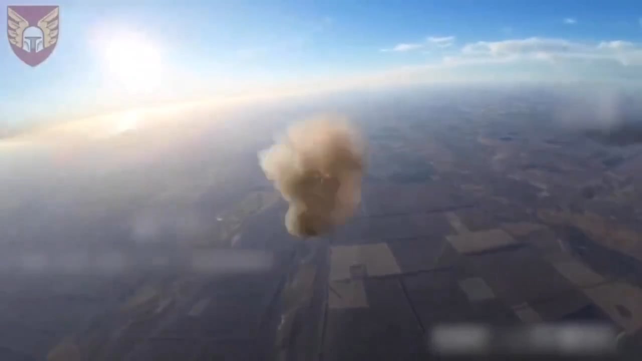 FPV Drone shooting down russian ZALA recon drone, filmed from another drone [46th Airmobile Brigade, October 2024]