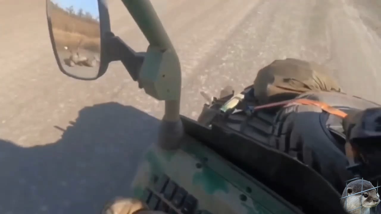 Russian soldiers on a Desertcross is hit by an Ukrainian kamikaze drone while driving and shooting towards it. In Zhelanne, east of Pokrovsk . October 2024