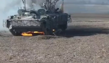 Ukrainian drone captures close video of Russian invader burning alive after his AFV is hit.