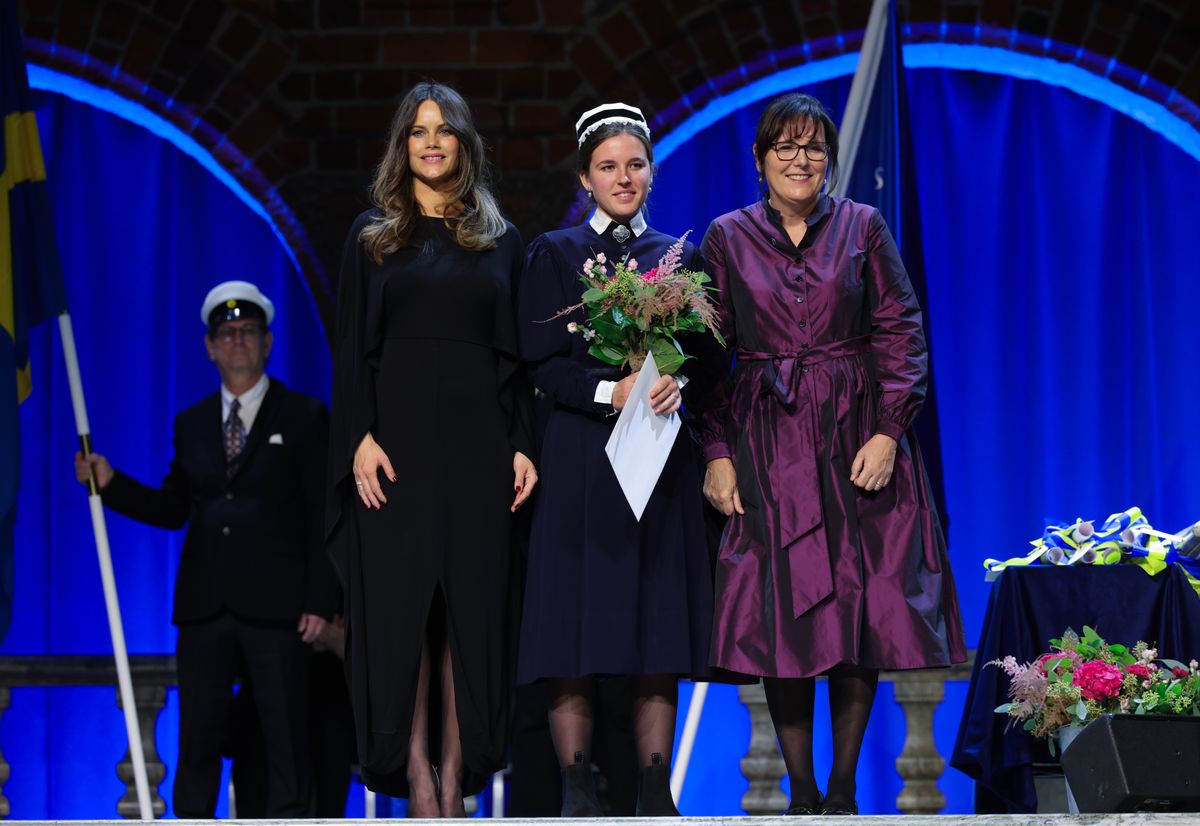 STOCKHOLM, SWEDEN - OCTOBER 18: Princess Sofia of Sweden, Emelie Adolfsson and Unn-Britt Johansson during the Sophiahemmet University Graduation Ceremony 2024 at Stockholm City Hall on October 18, 2024 in Stockholm, Sweden. (Photo by Iwi Onodera/Getty Images)