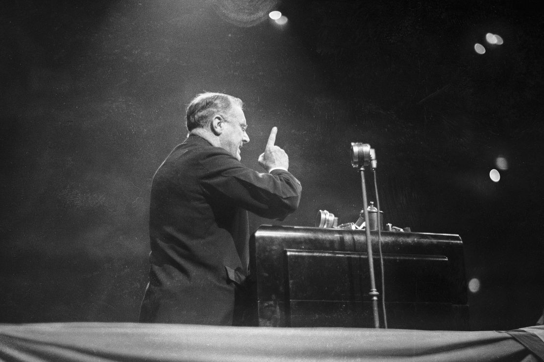 President Franklin Roosevelt makes a campaign speech at Madison Square Garden in New York City on October 31, 1936.