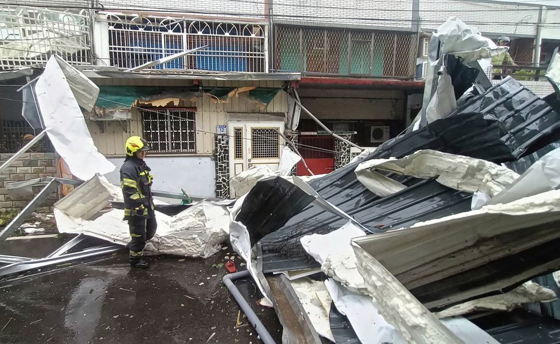 Strong winds from Kong-rey tore down a roof in Hualien County, eastern Taiwan on October 31, 2024.