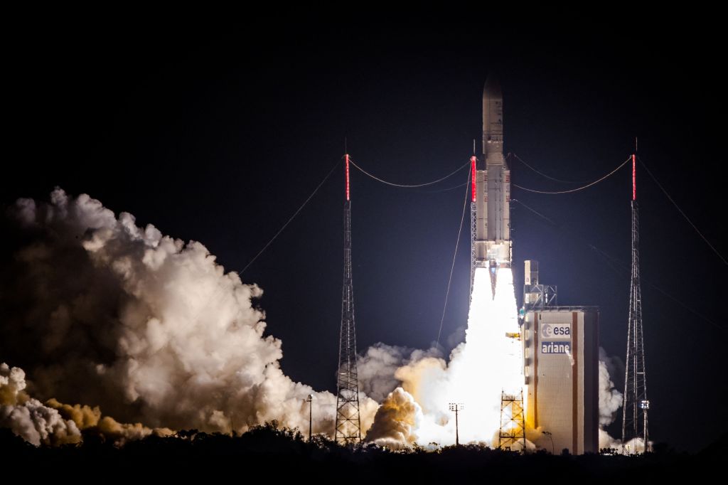 Ariane 5 rocket lifting off from the launchpad at European Spaceport in Kourou, French Guiana launching INTELSAT-33e and INTELSAT-36 satellites