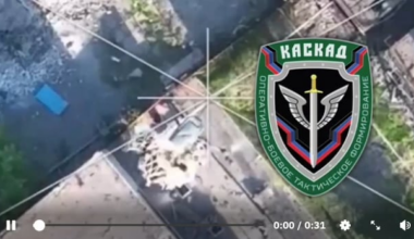 DPR Drone dropping what looks to be a fishnet bag full of old bottles onto a Ukrainian drone causing one of it's propellers to break. [late 2022/ early 2023]