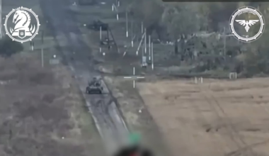 Ukrainian kamikaze drone destroys a Russian BMP-3 by Zelenyi Shlyakh, Kursk Oblast. October 2024 (at 51.3076, 35.0867)