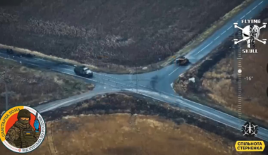 Russian soldiers arrived in an armored vehicle to retrieve a BTR that got stuck, but are attacked by a Ukrainian FPV drone; both vehicles end up being destroyed (Near Kremyanoe, Kursk region October 2024)