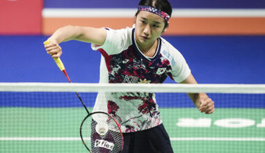 An Se-young in action during the Denmark Open women's singles final against Wang Zhiyi of China at the Arena Fyn in Denmark on Sunday. [AP/YONHAP]