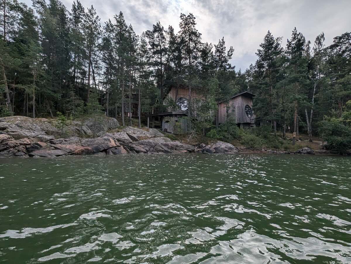 The distinctive birdhouse cabins at Herrankukkaro, a sustainable convention center in the Finnish archipelago.